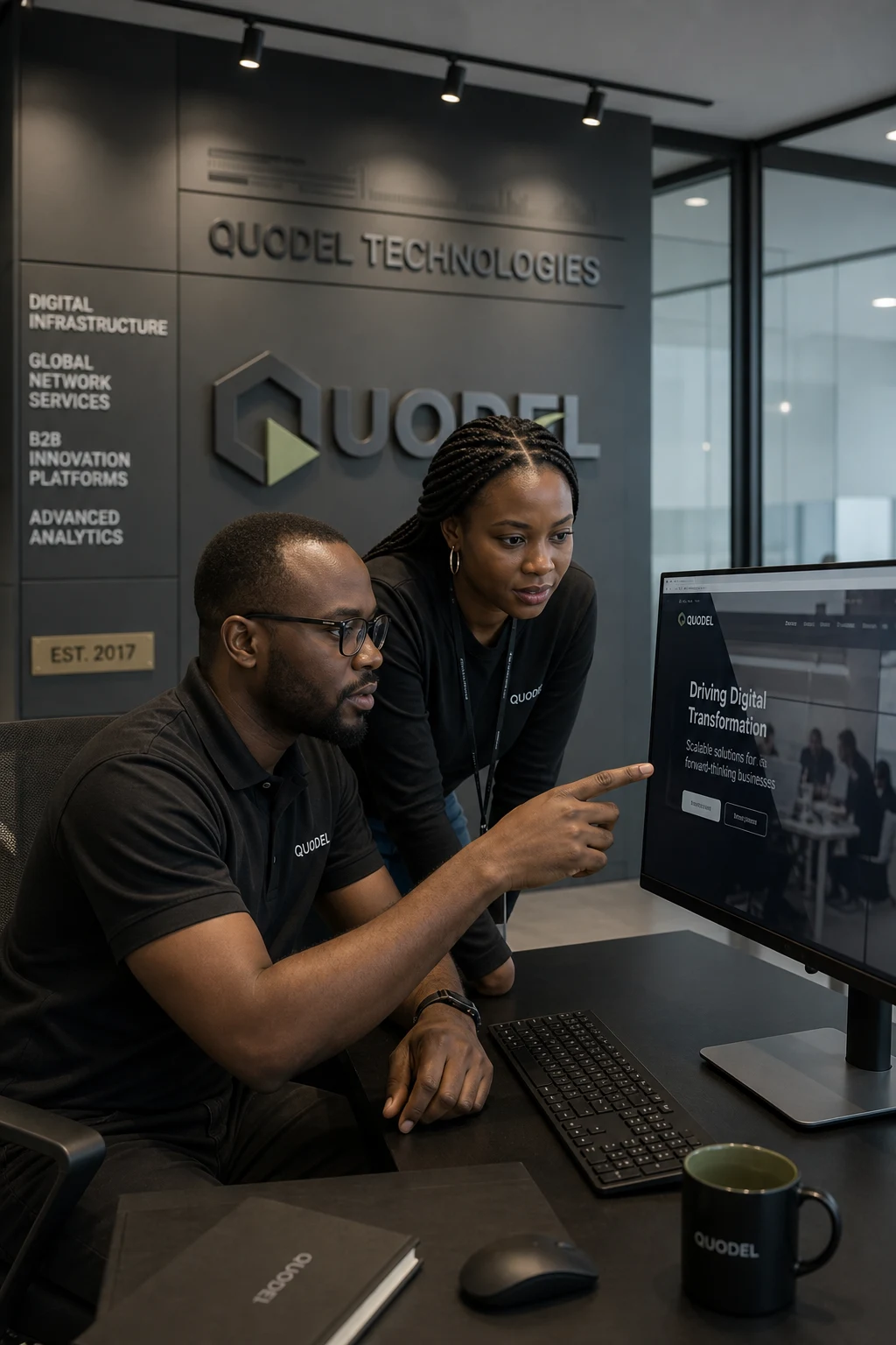 Quodel teammates collaborating on a digital project