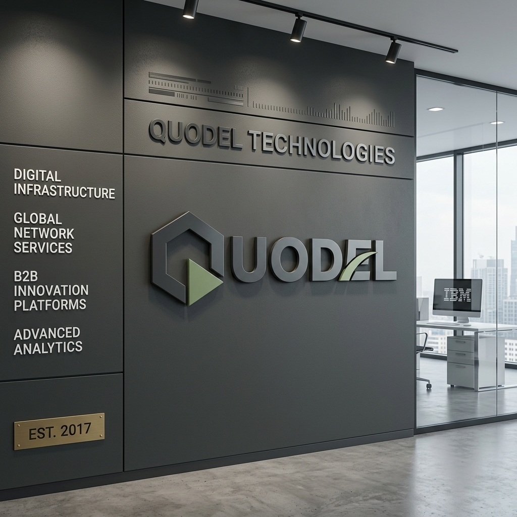 Quodel Technologies office branding wall.